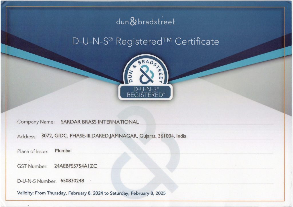 DUNS NUMBER DUNSCertificate of Sardar brass international